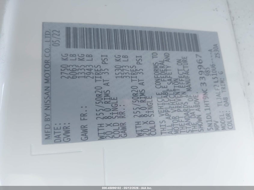 2022 Infiniti Qx60 Autograph VIN: 5N1DL1HT9NC339967 Lot: 45096102