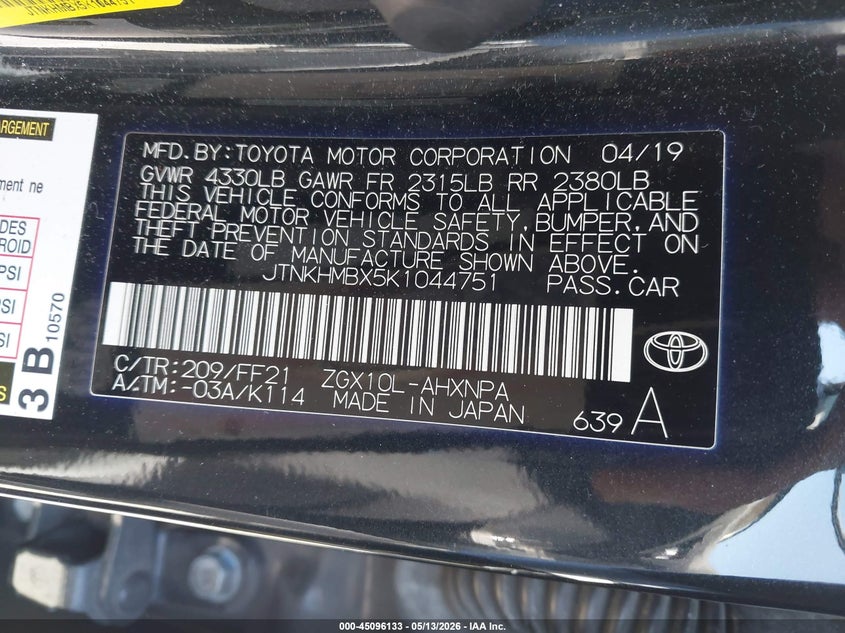 2019 Toyota C-Hr Xle VIN: JTNKHMBX5K1044751 Lot: 45096133