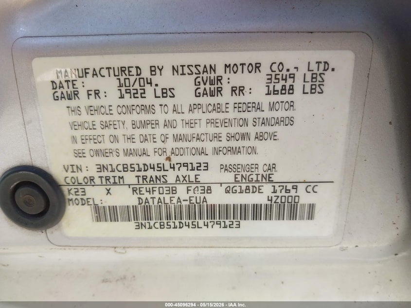 2005 Nissan Sentra 1.8S VIN: 3N1CB51D45L479123 Lot: 45096294