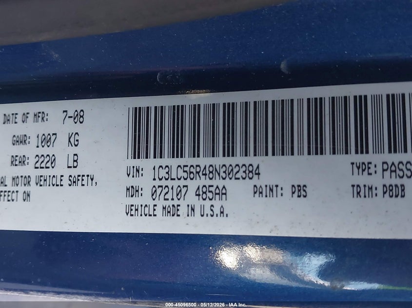 2008 Chrysler Sebring Touring VIN: 1C3LC56R48N302384 Lot: 45096500
