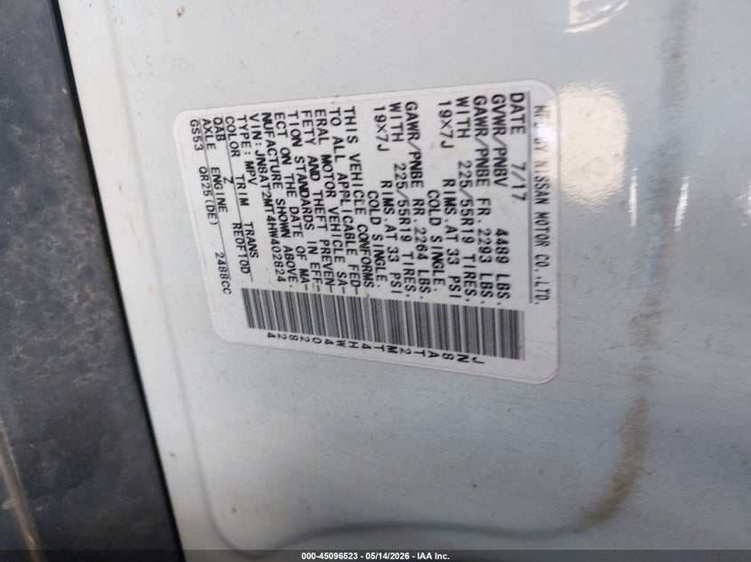 VIN 0JN8AT2MT4HW40282 2017 NISSAN ROGUE S