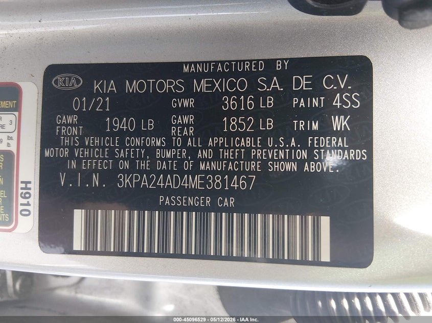 VIN 3KPA24AD4ME381467 2021 KIA RIO S