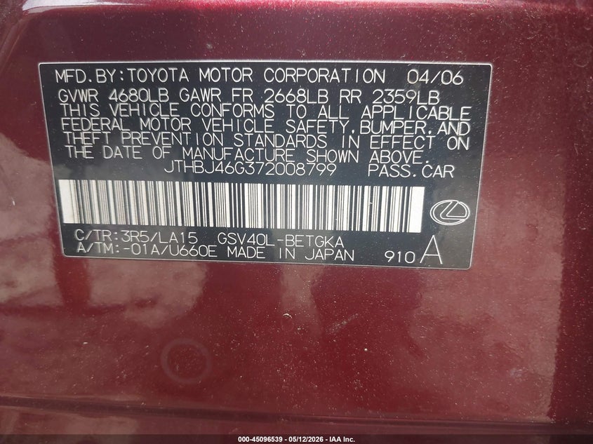 2007 LEXUS ES SEDAN 3.5L V-6 DOHC, VVT, 272HP