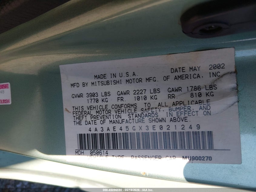 2003 Mitsubishi Eclipse Spyder Gs VIN: 4A3AE45GX3E021249 Lot: 45096590