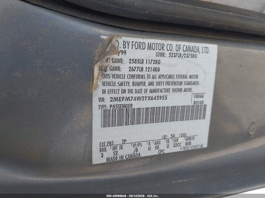 2000 Mercury Grand Marquis Gs VIN: 2MEFM74W5YX645955 Lot: 45096646