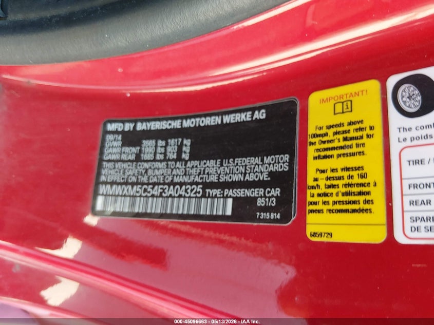 2015 Mini Hardtop Cooper VIN: WMWXM5C54F3A04325 Lot: 45096663