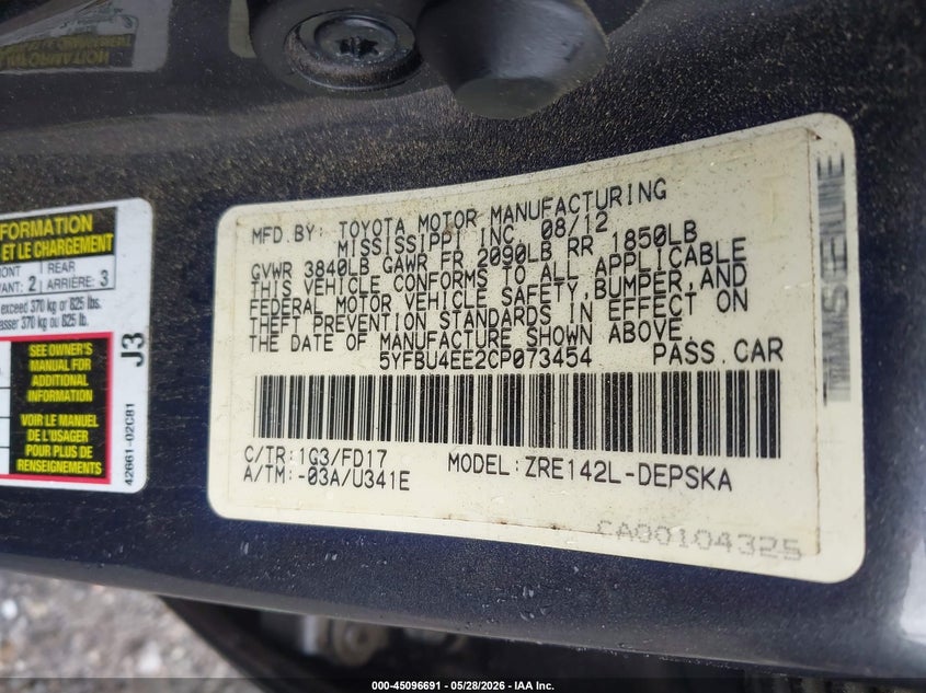 2012 Toyota Corolla 1.8 S grey Lot 111045096691 Vin 5YFBU4EE2CP073454