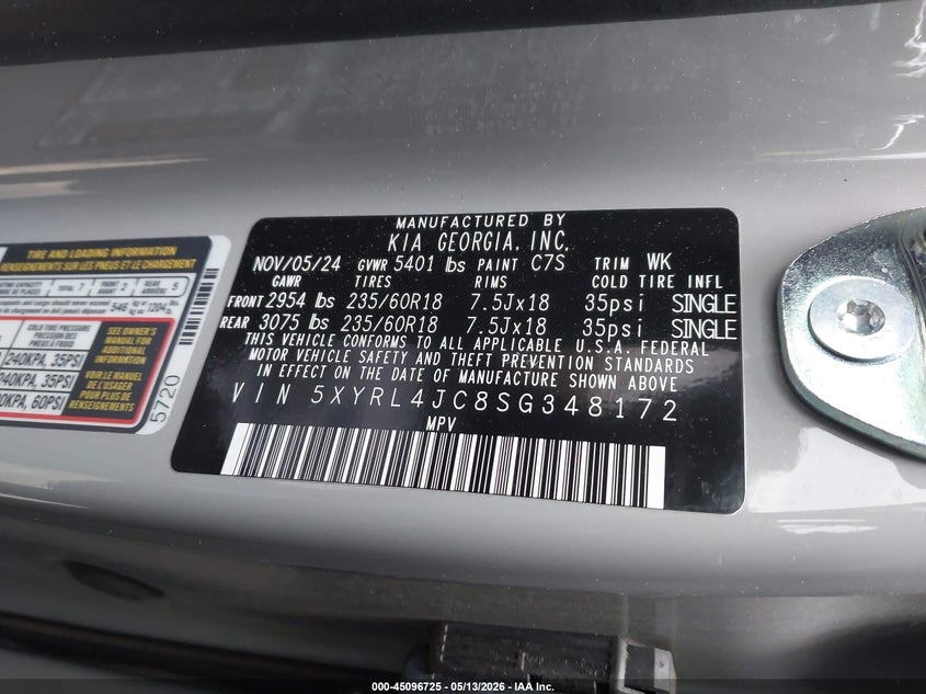 VIN 5XYRL4JC8SG348172 2025 KIA SORENTO S