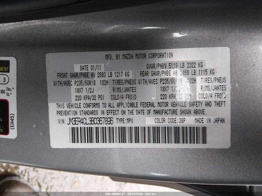 2011 Mazda Cx-7 S Touring VIN: JM3ER4CL3B0367896 Lot: 45096757