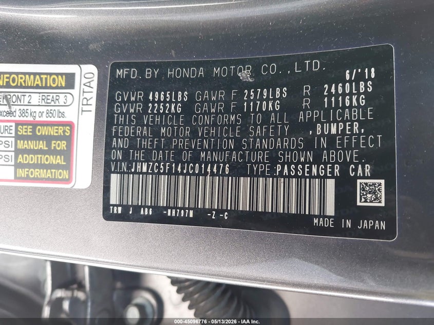 2018 Honda Clarity Plug-In Hybrid VIN: JHMZC5F14JC014476 Lot: 45096776