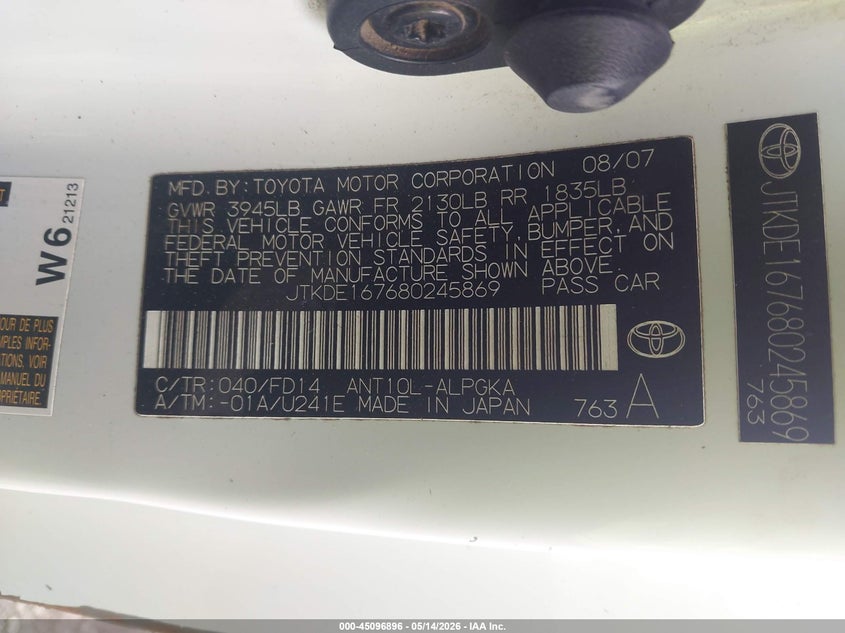 2008 Scion Tc VIN: JTKDE167680245869 Lot: 45096896
