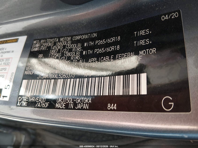 2020 Lexus Gx 460 Premium VIN: JTJAM7BXXL5260373 Lot: 45096924