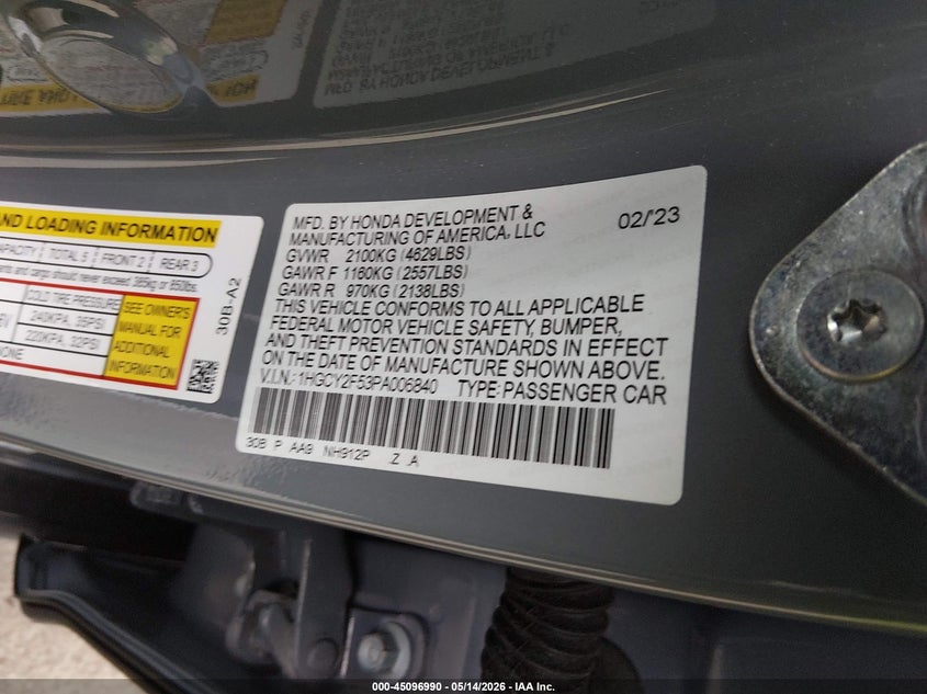 VIN 1HGCY2F53PA006840 2023 HONDA ACCORD HYBRID SPORT