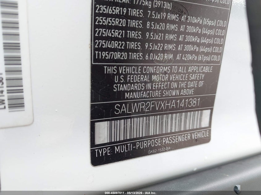 2017 Land Rover Range Rover Sport 3.0L V6 Supercharged Hse VIN: SALWR2FVXHA141381 Lot: 45097011