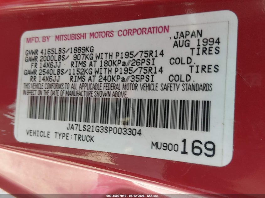 1995 Mitsubishi Mighty Max VIN: JA7LS21G3SP003304 Lot: 45097019