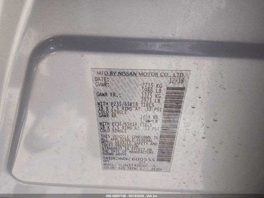 VIN 5N1DR2MN0KC600555 2019 NISSAN PATHFINDER SV