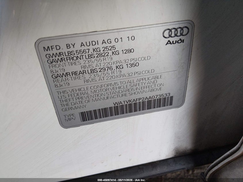 2010 Audi Q5 3.2 3.2 Premium white Lot 111045097414 Vin WA1VKAFP2AA073533