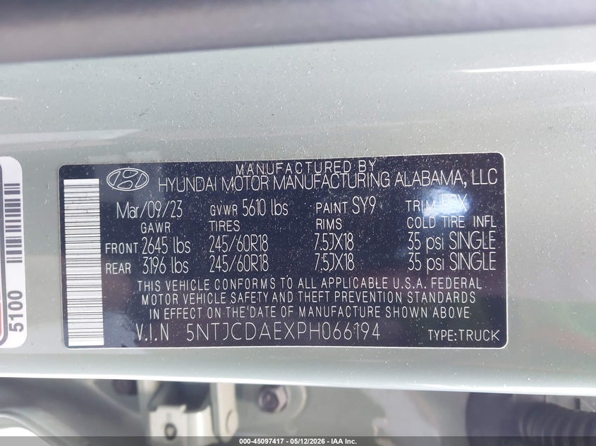 2023 Hyundai Santa Cruz Sel VIN: 5NTJCDAEXPH066194 Lot: 45097417