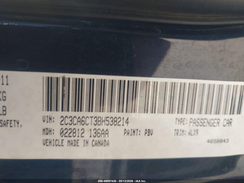 2011 Chrysler 300C VIN: 2C3CA6CT3BH538214 Lot: 45097430