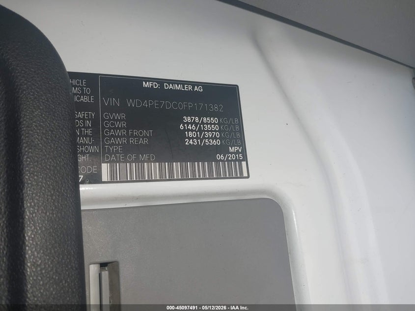 2015 Mercedes-Benz Sprinter 2500 Normal Roof VIN: WD4PE7DC0FP171382 Lot: 45097491