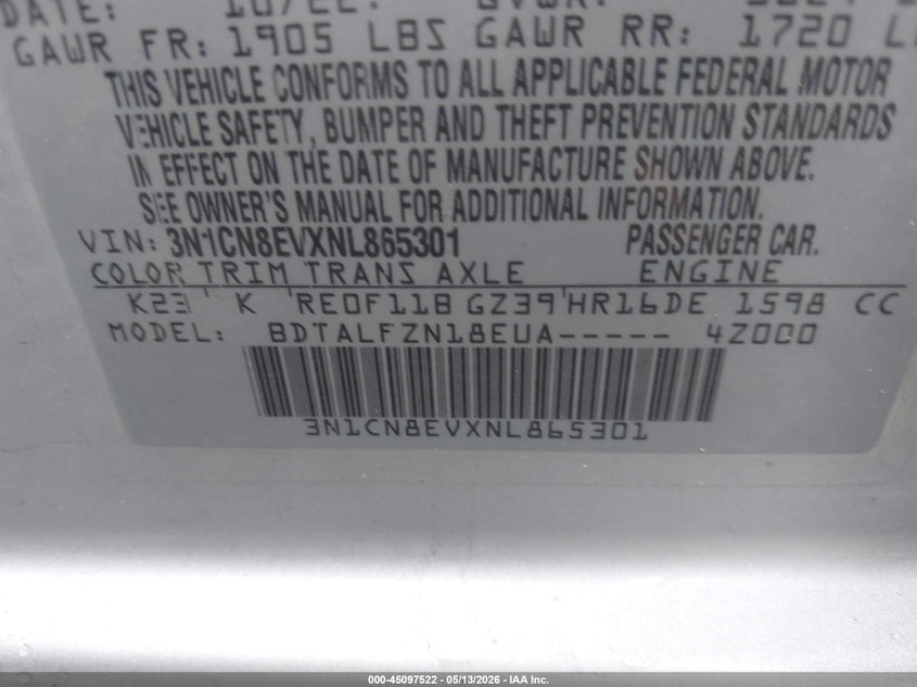 2022 Nissan Versa 1.6 Sv Xtronic Cvt VIN: 3N1CN8EVXNL865301 Lot: 45097522