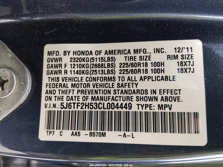 2012 Honda Crosstour Ex-L VIN: 5J6TF2H53CL004449 Lot: 45097524