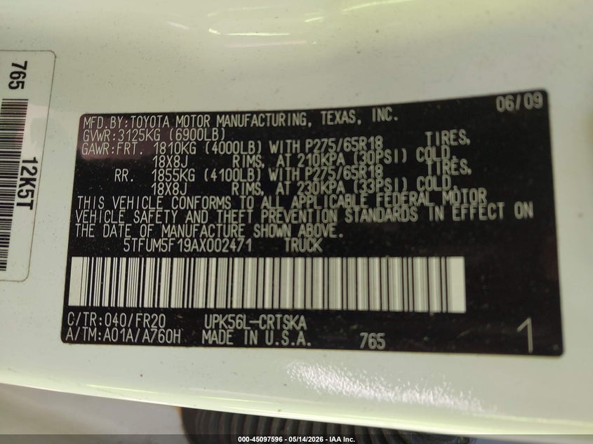 TOYOTA TUNDRA 2010 VIN 5TFUM5F19AX002471