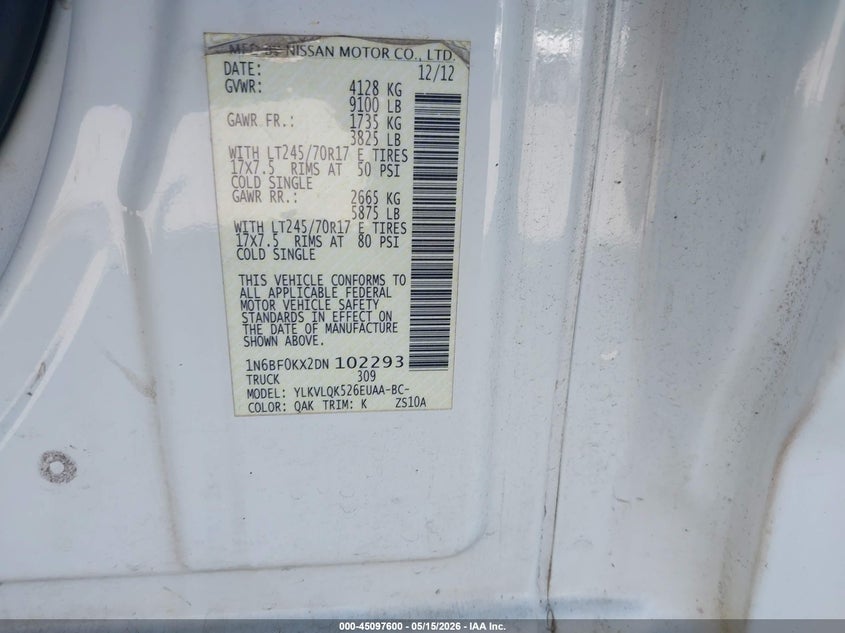 2013 Nissan Nv Cargo Nv2500 Hd S V6 VIN: 1N6BF0KX2DN102293 Lot: 45097600