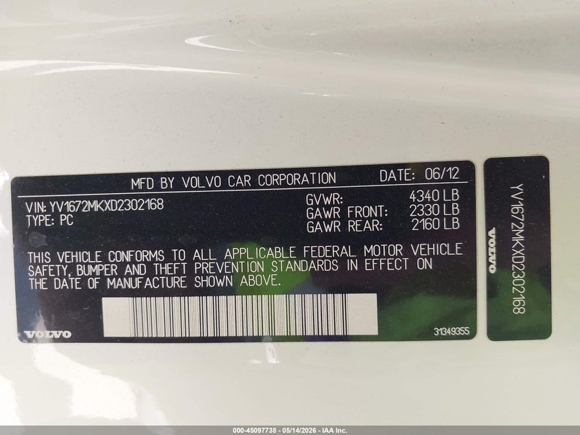 2013 Volvo C30 T5/T5 Platinum/T5 Premier/T5 Premier Plus/T5 R-Design/T5 R-Design Platinum/T5 R-Design Premier VIN: YV1672MKXD2302168 Lot: 45097738