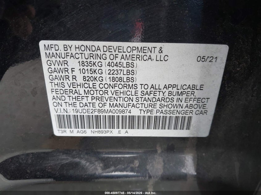 2021 Acura Ilx Premium A-Spec Packages/Technology A-Spec Packages VIN: 19UDE2F89MA009874 Lot: 45097745