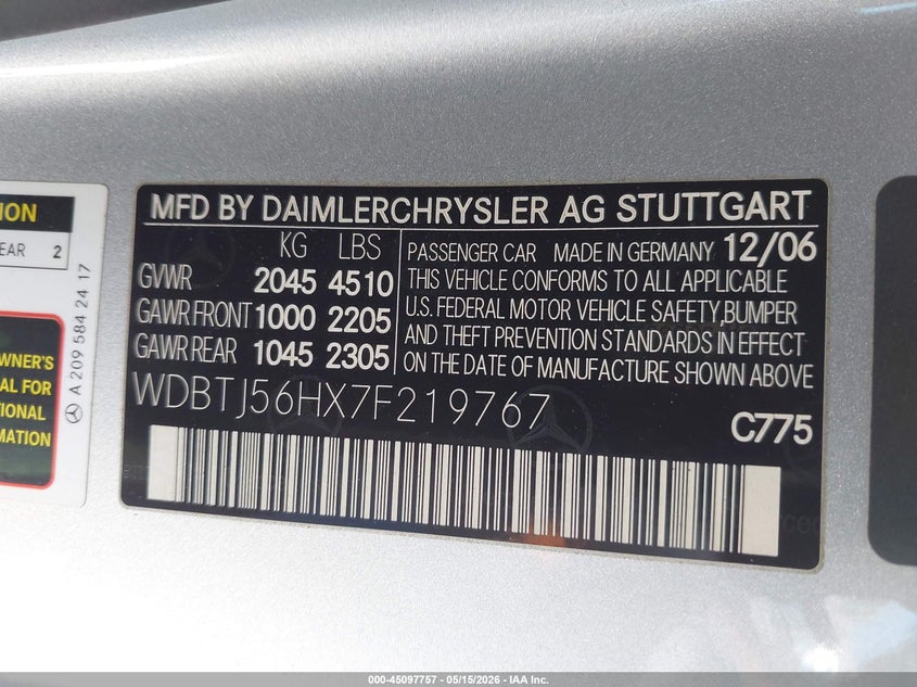 2007 Mercedes-Benz Clk 350 VIN: WDBTJ56HX7F219767 Lot: 45097757