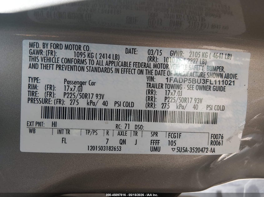 2015 Ford C-Max Hybrid Sel VIN: 1FADP5BU3FL111021 Lot: 45097816