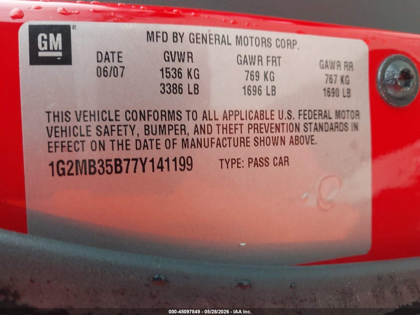 2007 Pontiac Solstice VIN: 1G2MB35B77Y141199 Lot: 45097849
