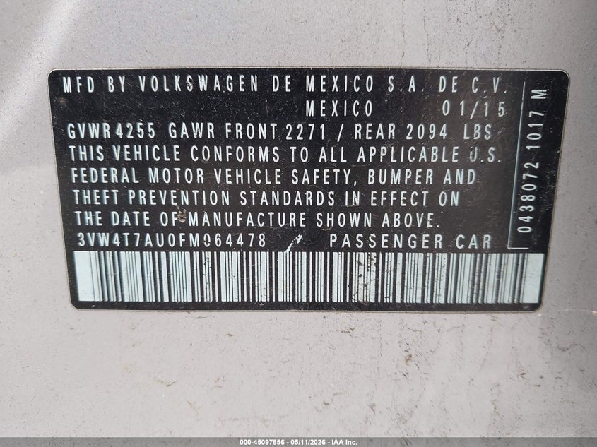 2015 Volkswagen Golf Gti 2.0T S 4-Door VIN: 3VW4T7AU0FM064478 Lot: 45097856