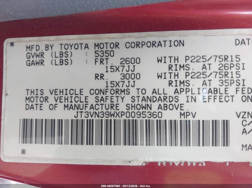 1993 Toyota 4Runner Vn39 Sr5 VIN: JT3VN39WXP0095360 Lot: 45097960