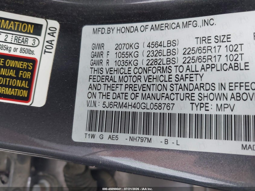 2016 HONDA CR-V auction photo 8