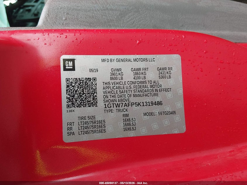 2019 GMC Savana 2500 Work Van VIN: 1GTW7AFP5K1319486 Lot: 45098137