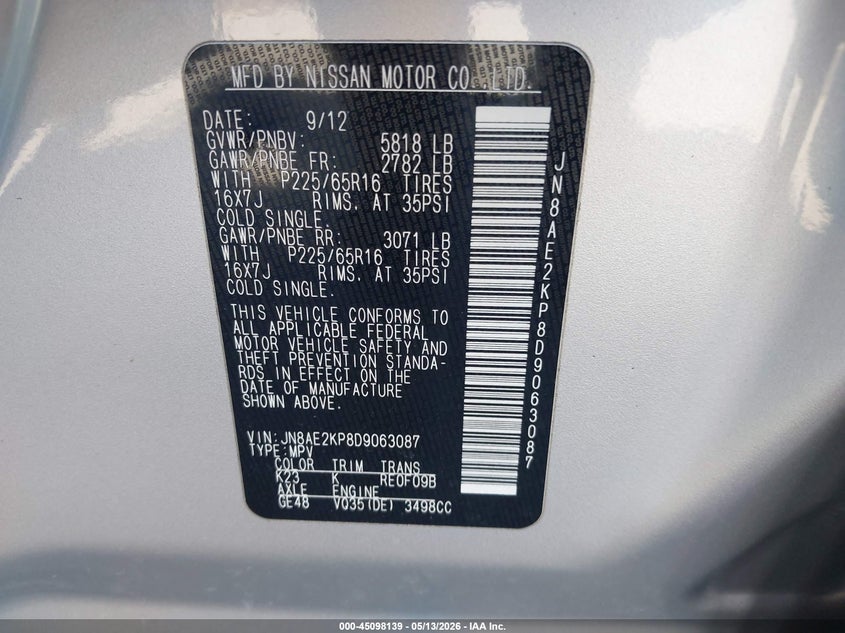 2013 Nissan Quest Sv VIN: JN8AE2KP8D9063087 Lot: 45098139