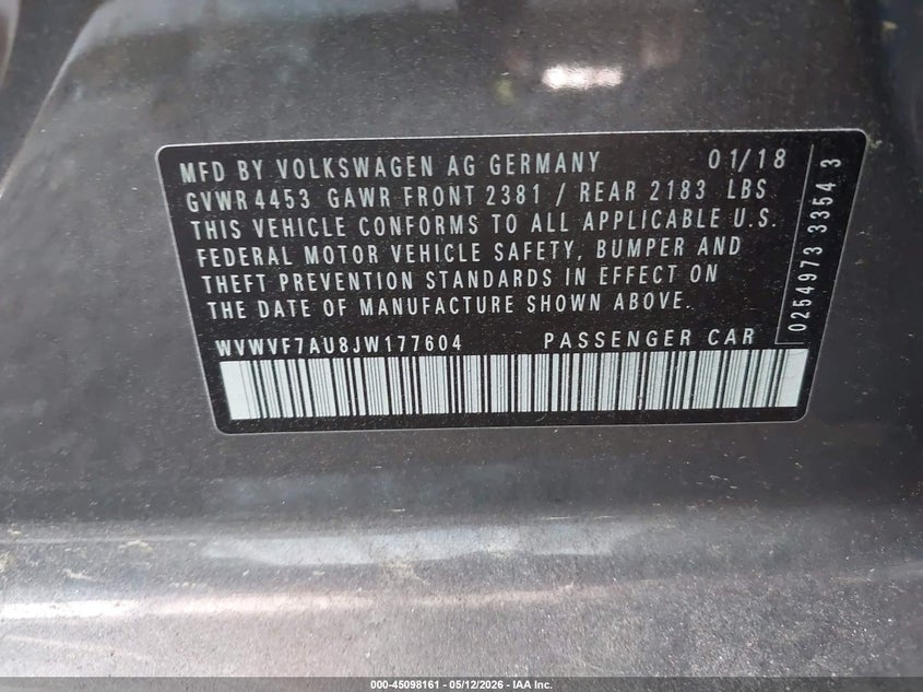 2018 Volkswagen Golf R 2.0T W/Dcc Navigation VIN: WVWVF7AU8JW177604 Lot: 45098161