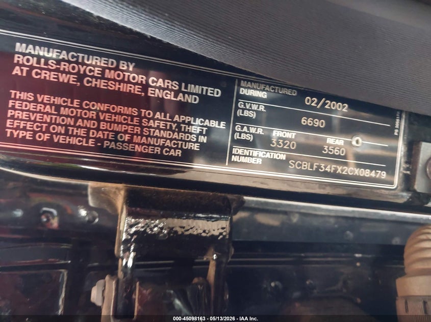 2002 Bentley Arnage T VIN: SCBLF34FX2CX08479 Lot: 45098163