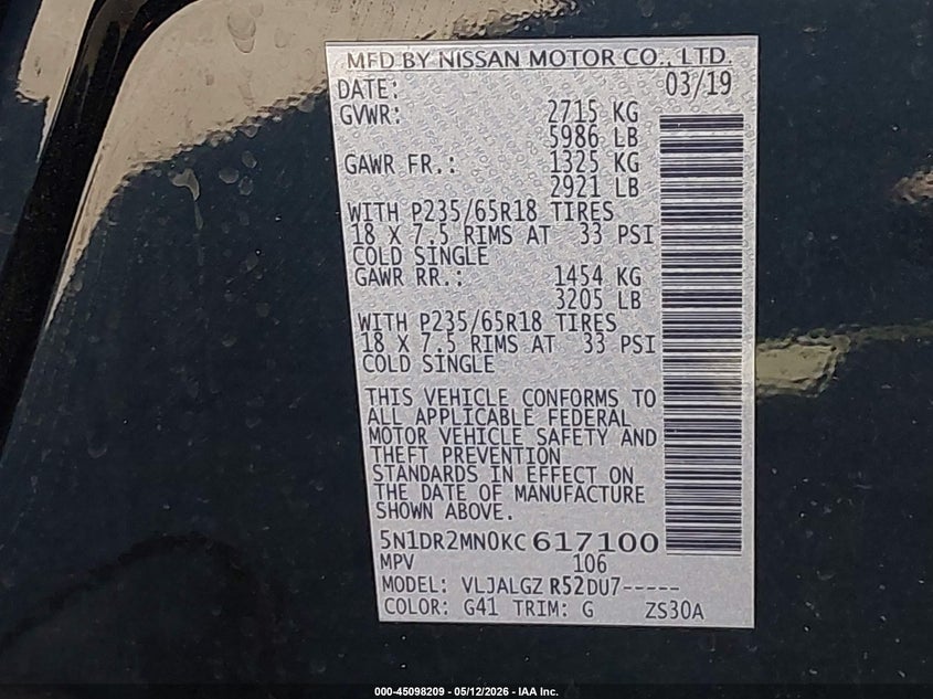 VIN 5N1DR2MN0KC617100 2019 NISSAN PATHFINDER SL