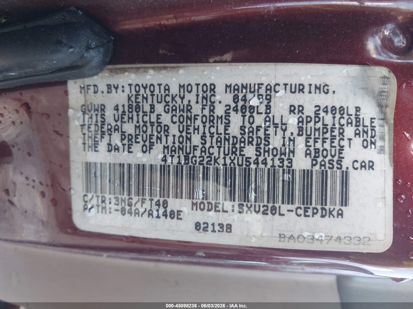 1999 Toyota Camry Ce VIN: 4T1BG22K1XU544133 Lot: 45098236