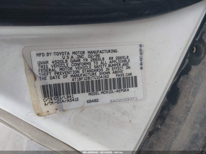 1996 Toyota Avalon Xl/Xls VIN: 4T1BF12B1TU104162 Lot: 45098342