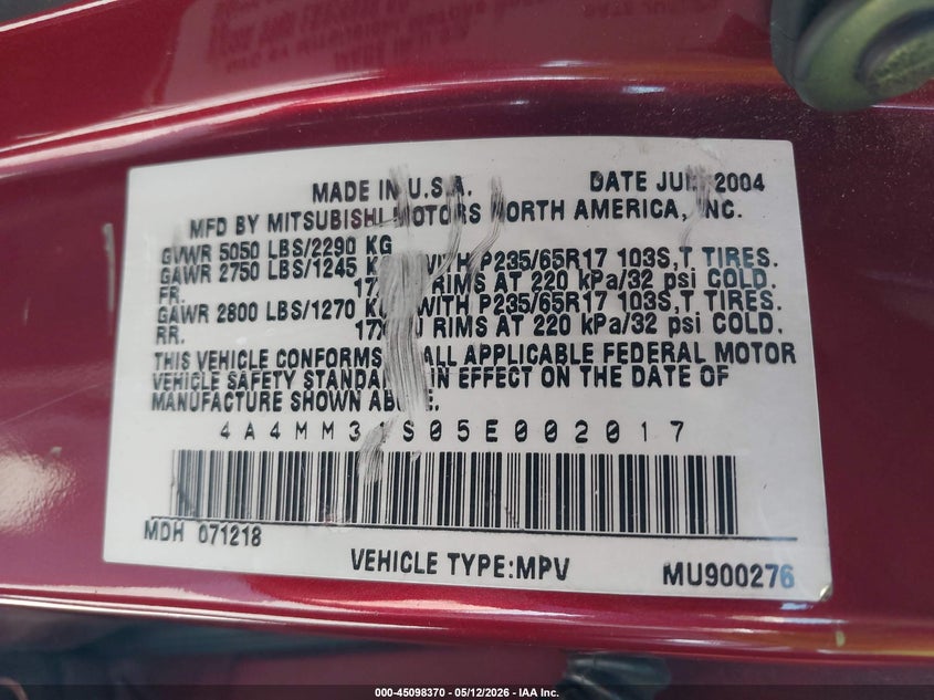 2005 Mitsubishi Endeavor Xls VIN: 4A4MM31S05E002017 Lot: 45098370