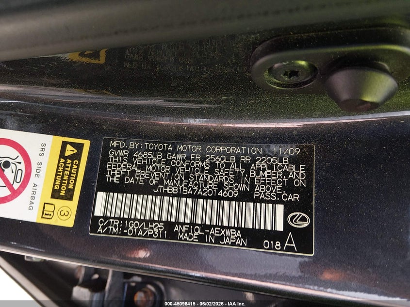 2010 Lexus Hs 250H Premium VIN: JTHBB1BA7A2014609 Lot: 45098415