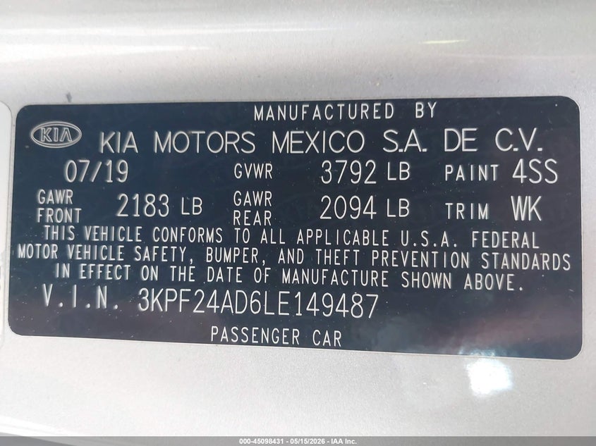 VIN 3KPF24AD6LE149487 2020 KIA FORTE LXS