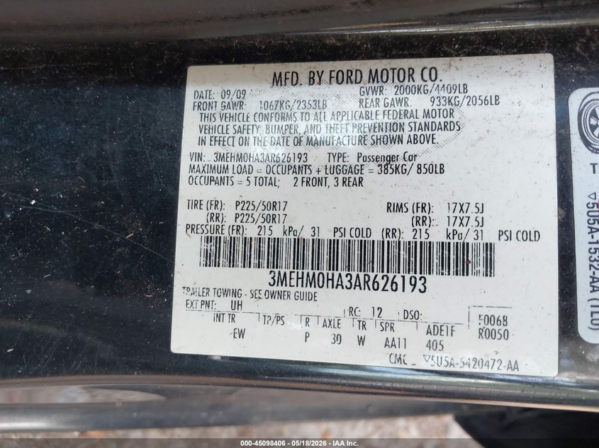 2010 Mercury Milan VIN: 3MEHM0HA3AR626193 Lot: 45098406