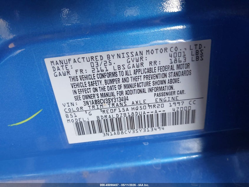 VIN 3N1AB8CV3SY313494 2025 NISSAN SENTRA SV
