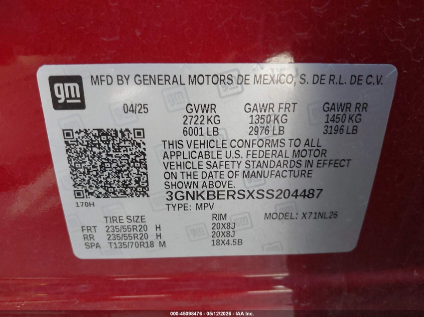 VIN 3GNKBERSXSS204487 2025 CHEVROLET BLAZER FWD RS