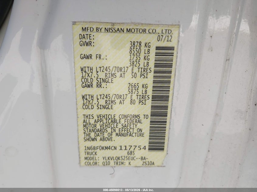 2012 Nissan Nv 1500 Nv1500 S V6 VIN: 1N6BF0KM4CN117754 Lot: 45098513